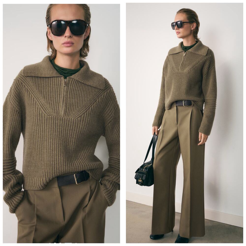 Mango Ribbed Sweater With Zip Collar Size Large Olive Green Preppy Minimalist